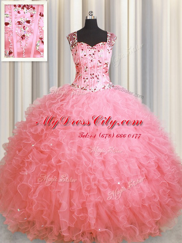 Popular See Through Zipper Up Pink Quinceanera Dresses Military Ball and Sweet 16 and Quinceanera and For with Beading and Ruffles Square Sleeveless Zipper