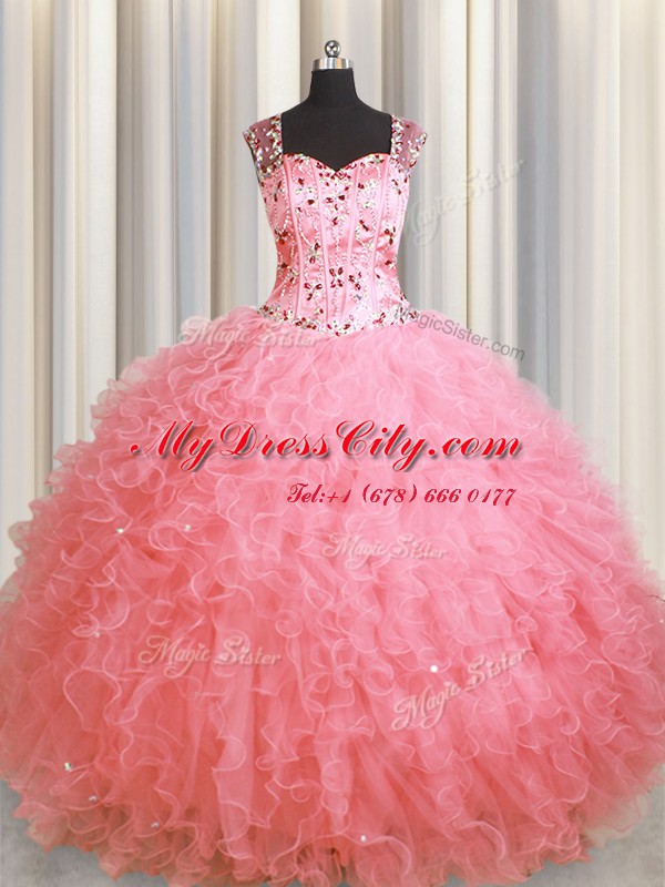 Popular See Through Zipper Up Pink Quinceanera Dresses Military Ball and Sweet 16 and Quinceanera and For with Beading and Ruffles Square Sleeveless Zipper