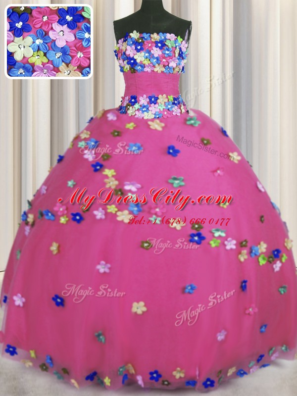 Hot Pink Sleeveless Floor Length Hand Made Flower Lace Up Sweet 16 Dresses