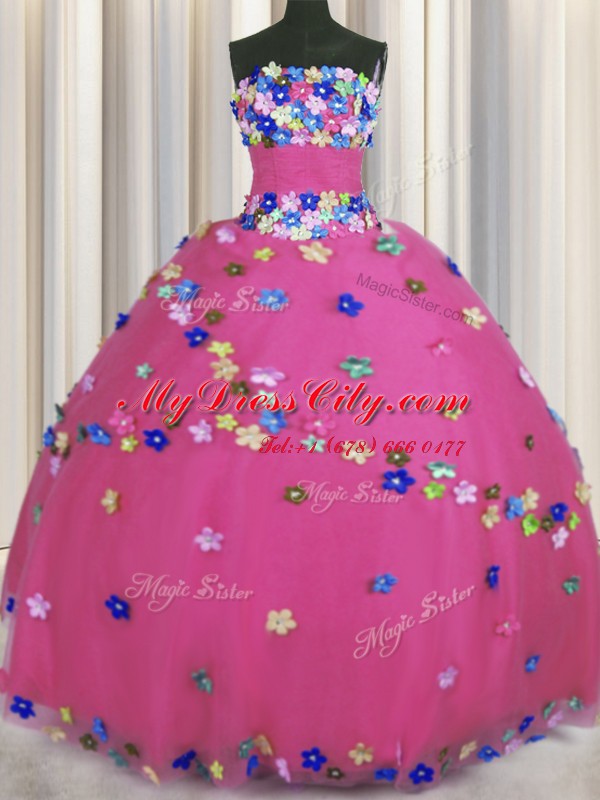 Hot Pink Sleeveless Floor Length Hand Made Flower Lace Up Sweet 16 Dresses