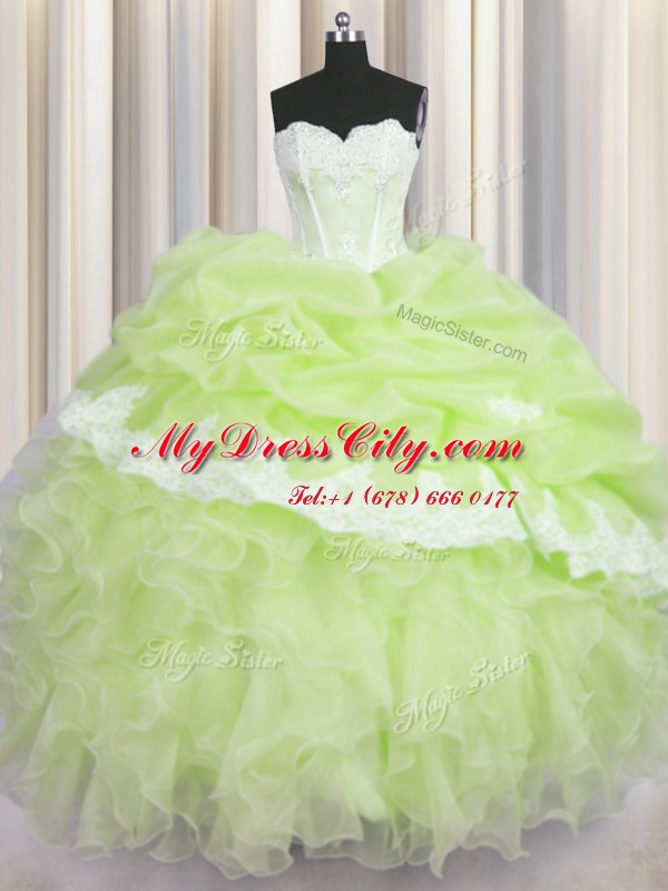 Yellow Green Lace Up Quinceanera Gown Beading and Appliques and Ruffles and Pick Ups Sleeveless Floor Length