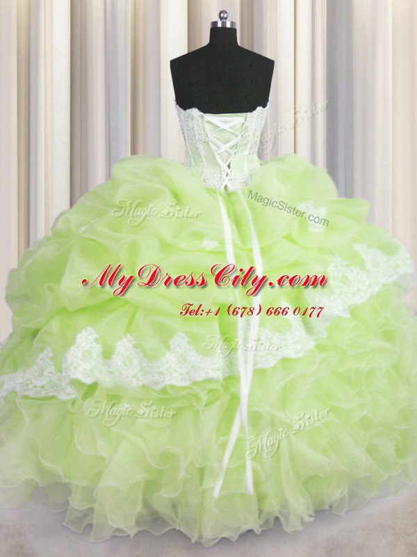 Yellow Green Lace Up Quinceanera Gown Beading and Appliques and Ruffles and Pick Ups Sleeveless Floor Length