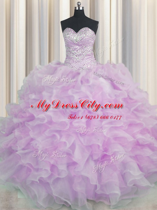 Pretty Sweetheart Sleeveless 15 Quinceanera Dress Floor Length Beading and Ruffles Lilac Organza