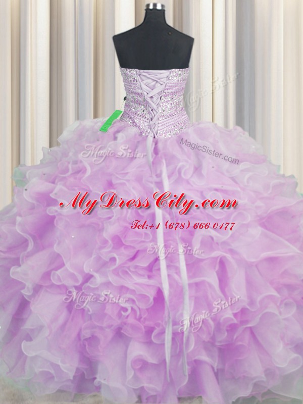 Pretty Sweetheart Sleeveless 15 Quinceanera Dress Floor Length Beading and Ruffles Lilac Organza
