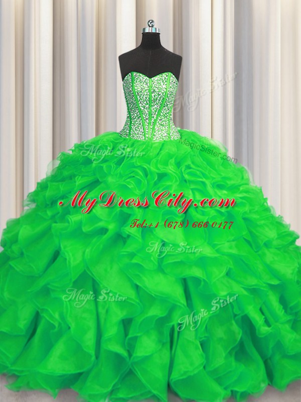 Ideal Visible Boning Sleeveless Organza Brush Train Lace Up Quince Ball Gowns in Green with Beading and Ruffles