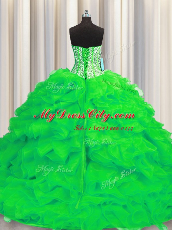 Ideal Visible Boning Sleeveless Organza Brush Train Lace Up Quince Ball Gowns in Green with Beading and Ruffles