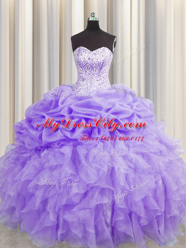 Ideal Pick Ups Visible Boning Sweetheart Sleeveless Lace Up Quinceanera Gowns Lavender Organza