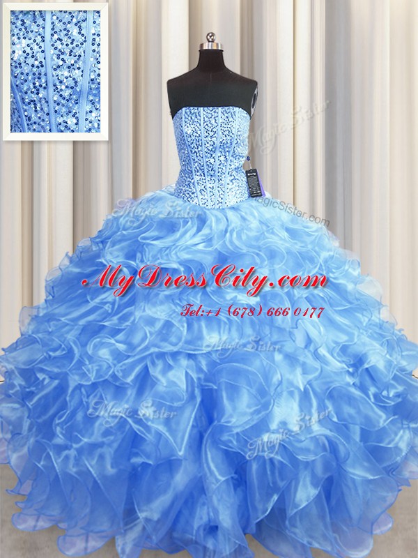Visible Boning Baby Blue 15th Birthday Dress Military Ball and Sweet 16 and Quinceanera and For with Beading and Ruffles Strapless Sleeveless Lace Up
