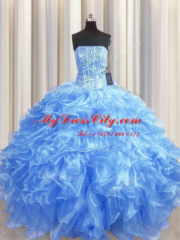 Visible Boning Baby Blue 15th Birthday Dress Military Ball and Sweet 16 and Quinceanera and For with Beading and Ruffles Strapless Sleeveless Lace Up