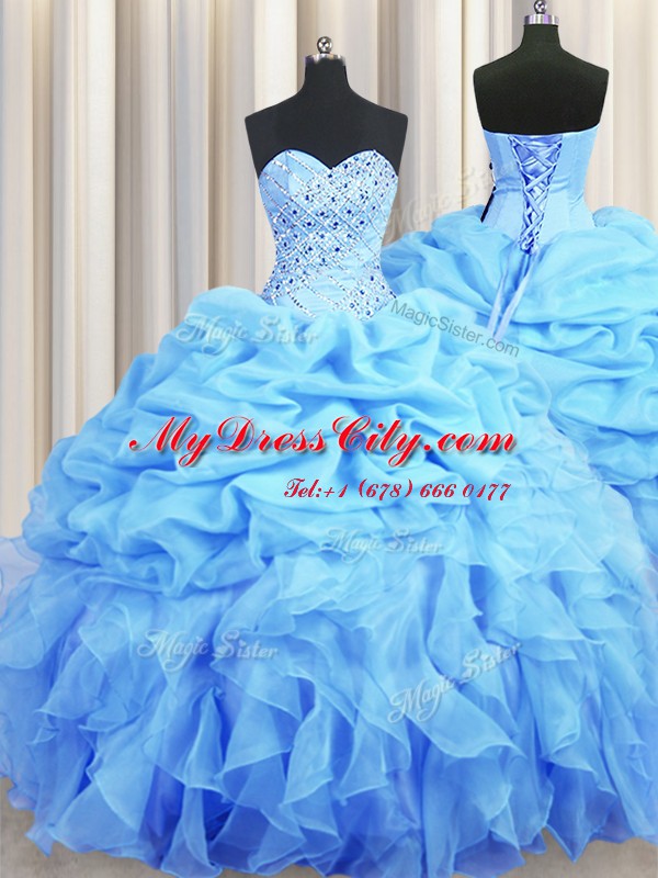 Pick Ups Ball Gowns Quinceanera Dresses Baby Blue Sweetheart Organza Sleeveless Floor Length Backless