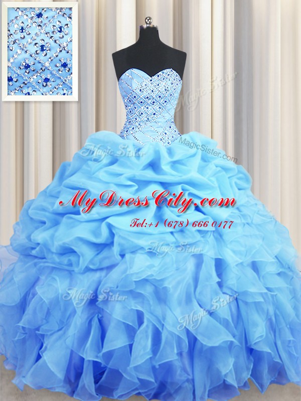 Pick Ups Ball Gowns Quinceanera Dresses Baby Blue Sweetheart Organza Sleeveless Floor Length Backless