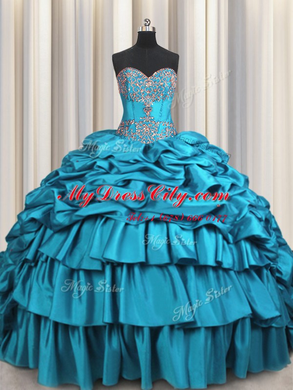Sleeveless Brush Train Lace Up Beading and Embroidery and Ruffled Layers and Pick Ups Sweet 16 Quinceanera Dress