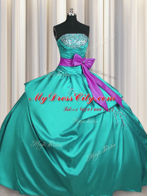 Attractive Turquoise Taffeta Lace Up Strapless Sleeveless Floor Length Ball Gown Prom Dress Beading and Ruching and Bowknot