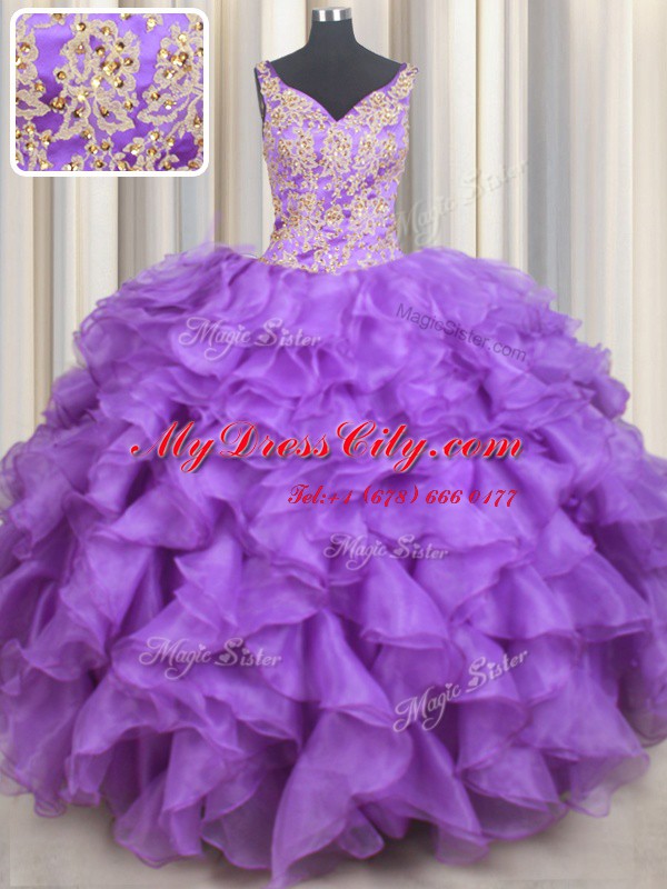 Adorable Sleeveless Lace Up Floor Length Beading and Appliques and Ruffles Quinceanera Gowns