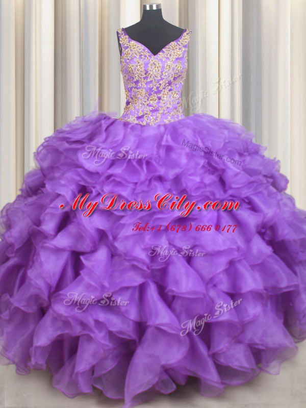 Adorable Sleeveless Lace Up Floor Length Beading and Appliques and Ruffles Quinceanera Gowns