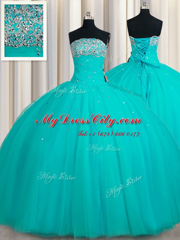 Aqua Blue Tulle Lace Up Strapless Sleeveless Floor Length Sweet 16 Dress Beading and Sequins