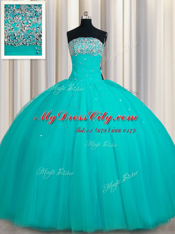 Aqua Blue Tulle Lace Up Strapless Sleeveless Floor Length Sweet 16 Dress Beading and Sequins