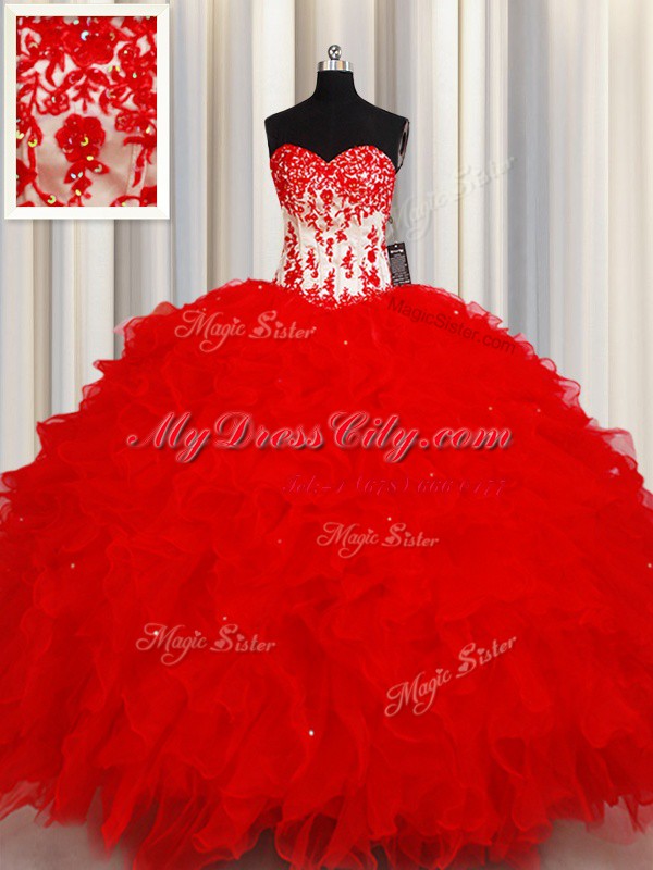 Glittering Red Ball Gowns Sweetheart Sleeveless Organza Floor Length Lace Up Beading and Appliques and Ruffles and Sequins 15 Quinceanera Dress