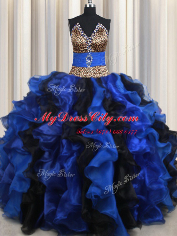 Designer Blue And Black Organza Lace Up Quinceanera Gown Sleeveless Floor Length Beading and Ruffles