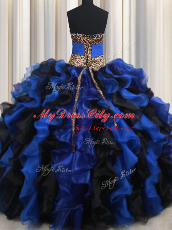 Designer Blue And Black Organza Lace Up Quinceanera Gown Sleeveless Floor Length Beading and Ruffles