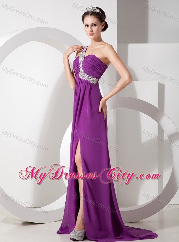 Beading and Ruche One Shoulder Prom Dress with the Back Out
