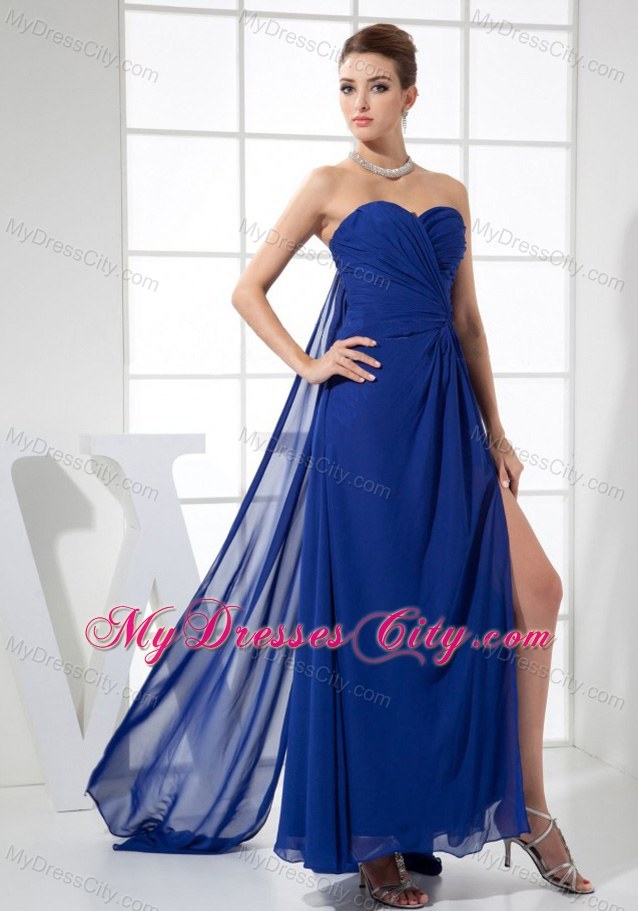 Ruches Sweep Train Blue Prom Dress with Sweetheart Neck