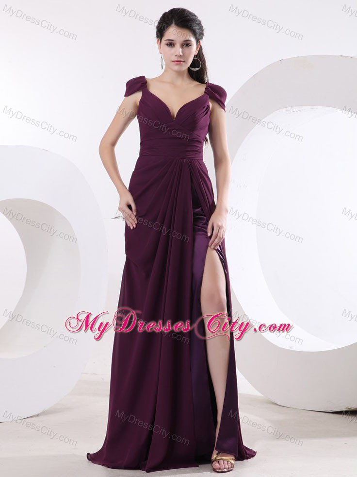 V-neck Brush Train Prom Dress with High Slit and Cap Sleeves