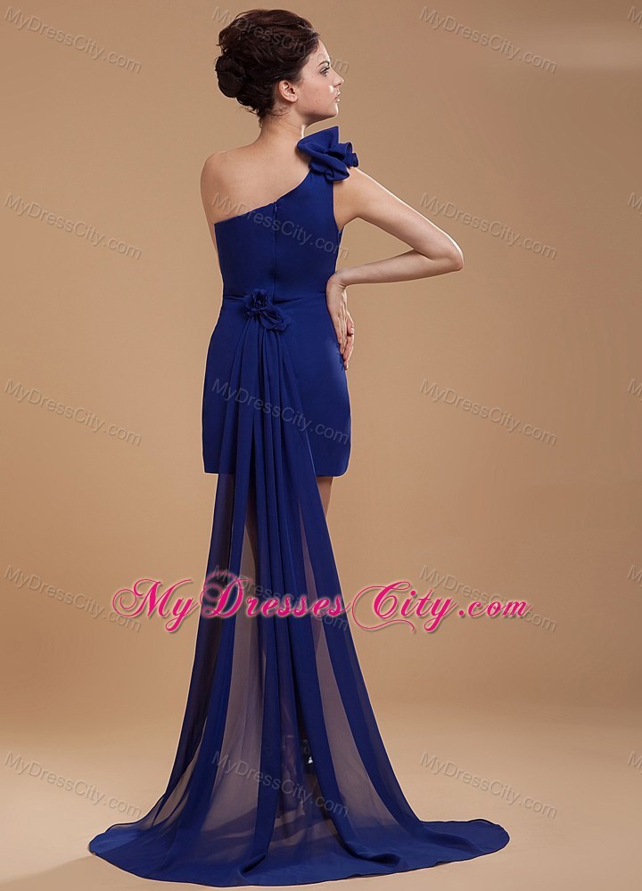 One Shoulder Royal Blue Flower Prom Dress with Train