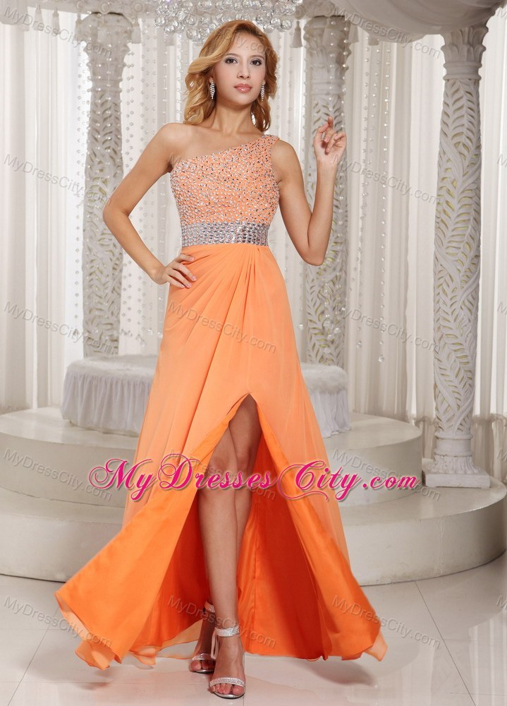 Orange One Shoulder Beaded Prom Gowns with Sider Zipper