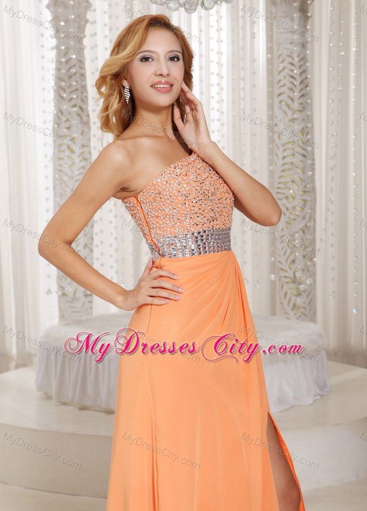 Orange One Shoulder Beaded Prom Gowns with Sider Zipper