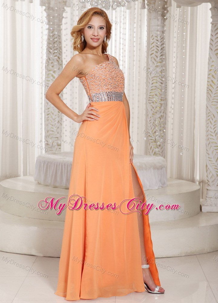 Orange One Shoulder Beaded Prom Gowns with Sider Zipper