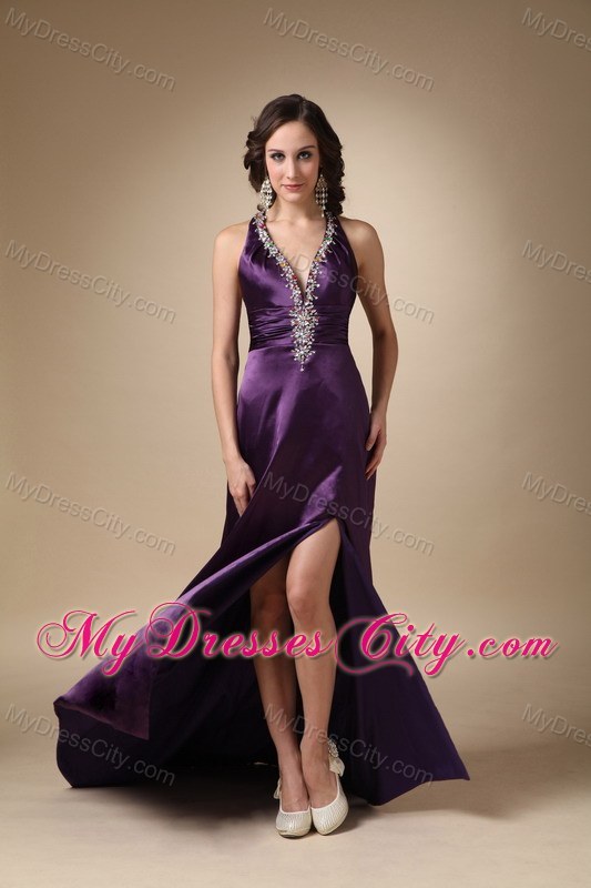 Eggplant Purple V-neck Brush Train Taffeta Beaded Prom Dress