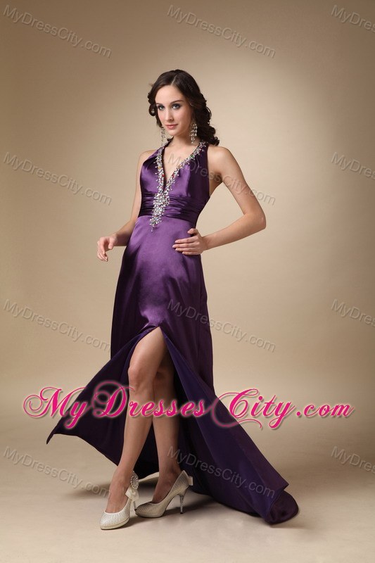 Eggplant Purple V-neck Brush Train Taffeta Beaded Prom Dress