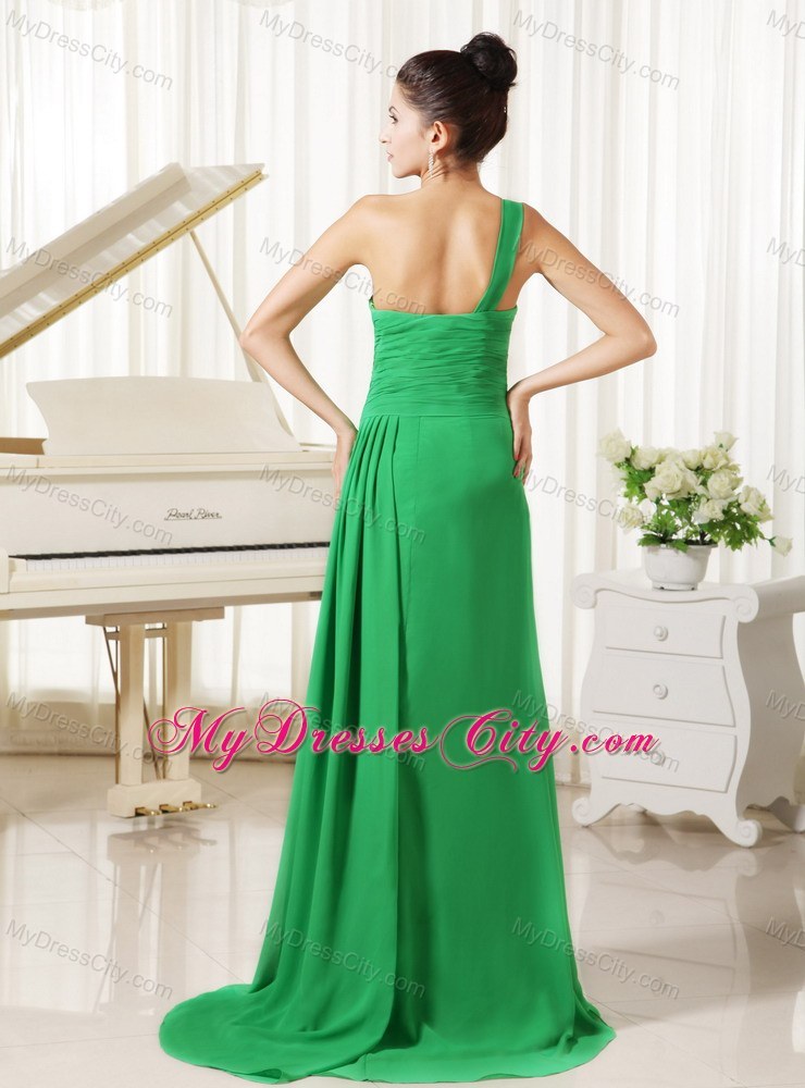 One Shoulder Spring Green Prom Dress in Ruched Beading Bodice