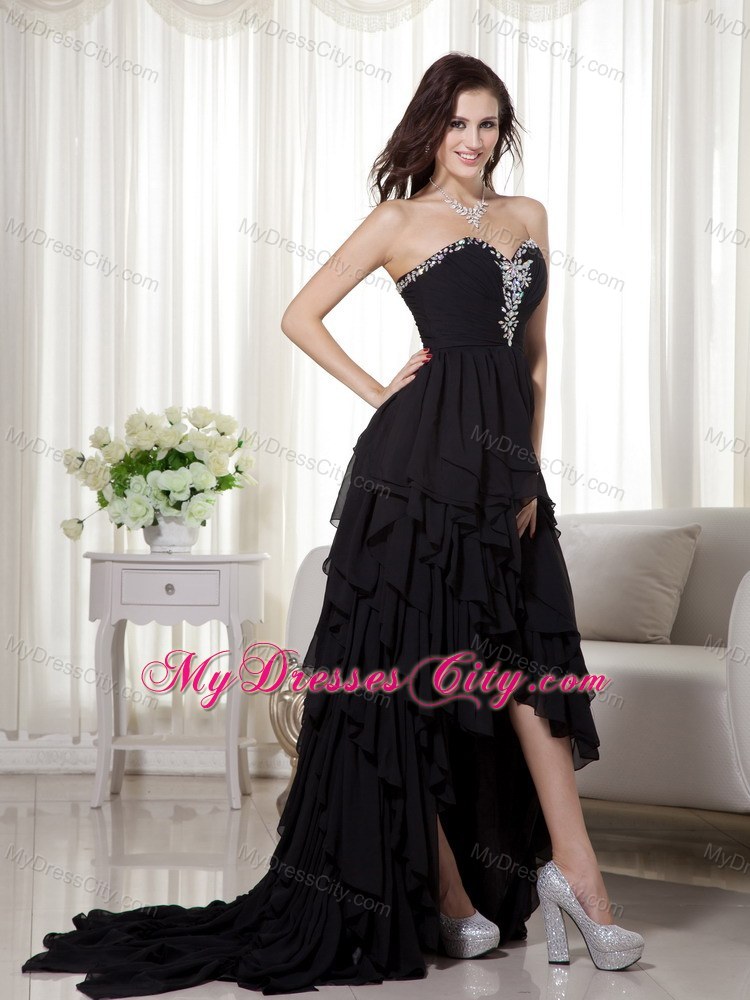 Black High-low Chiffon Beaded Prom Dress with Ruffled Layers