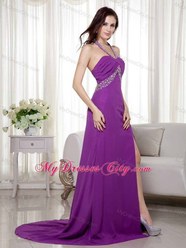 Sexy Purple Column Chiffon Halter Brush Train Prom Dress