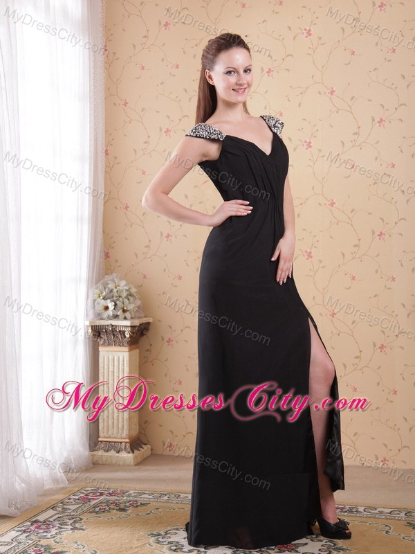 Black Sheath V-neck Brush Train Chiffon Beaded Dress for Prom