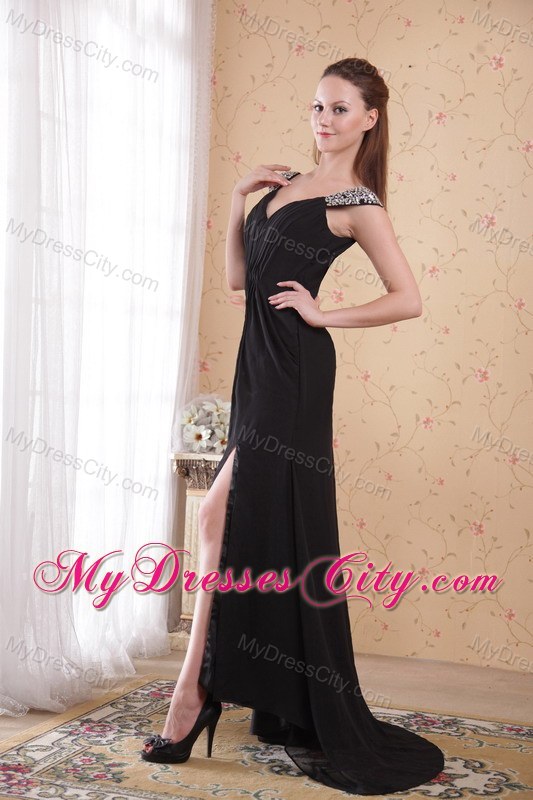 Black Sheath V-neck Brush Train Chiffon Beaded Dress for Prom