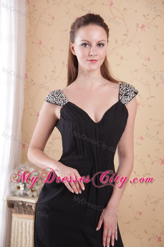 Black Sheath V-neck Brush Train Chiffon Beaded Dress for Prom