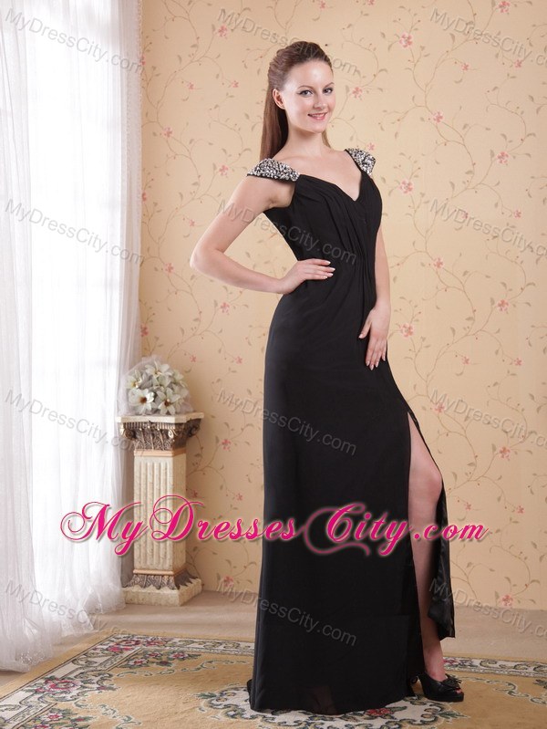 Black Sheath V-neck Brush Train Chiffon Beaded Dress for Prom