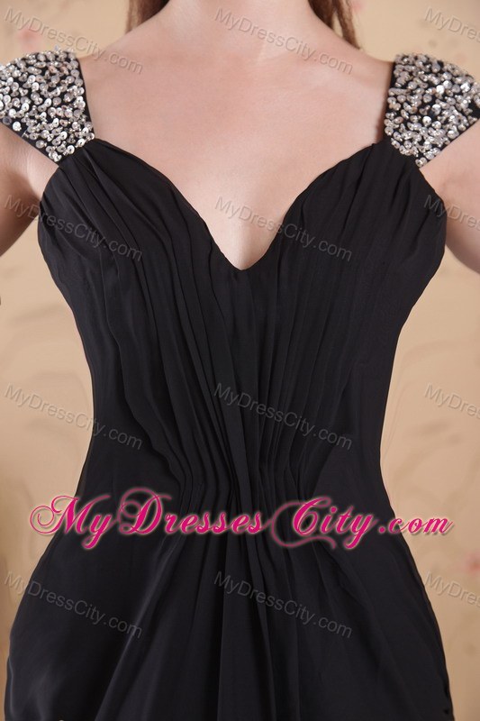 Black Sheath V-neck Brush Train Chiffon Beaded Dress for Prom