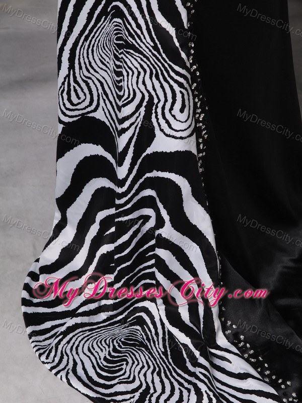 Luxurious Beading Brush Train Black Satin and Zebra Prom Dress