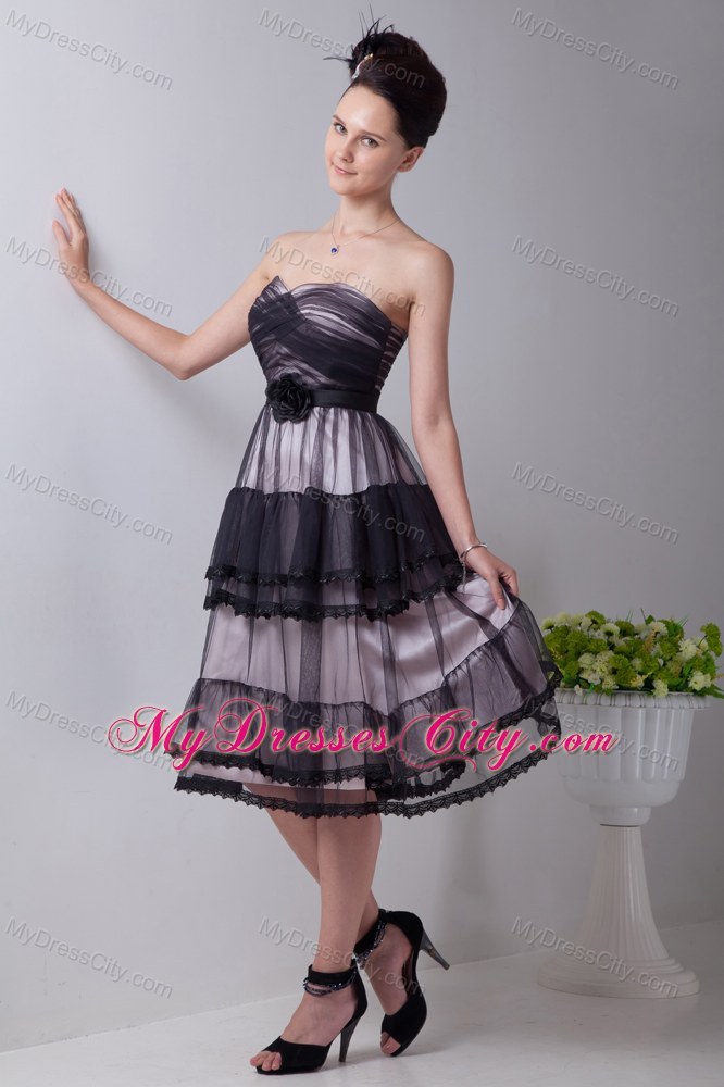 Black Empire Sweetheart Tea-length Hand Made Flowers Prom Dress