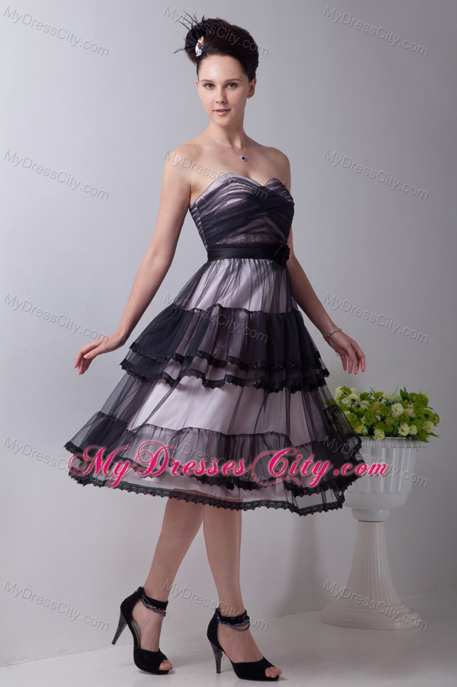 Black Empire Sweetheart Tea-length Hand Made Flowers Prom Dress