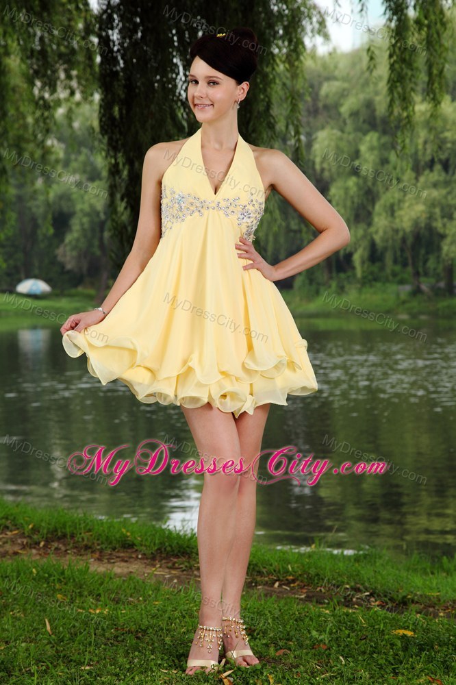 Light Yellow Chiffon Empire Halter Mini-length Beading Prom Dress