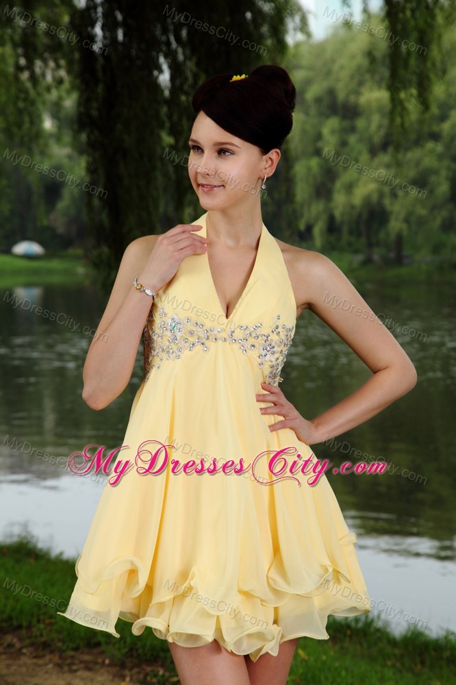 Light Yellow Chiffon Empire Halter Mini-length Beading Prom Dress