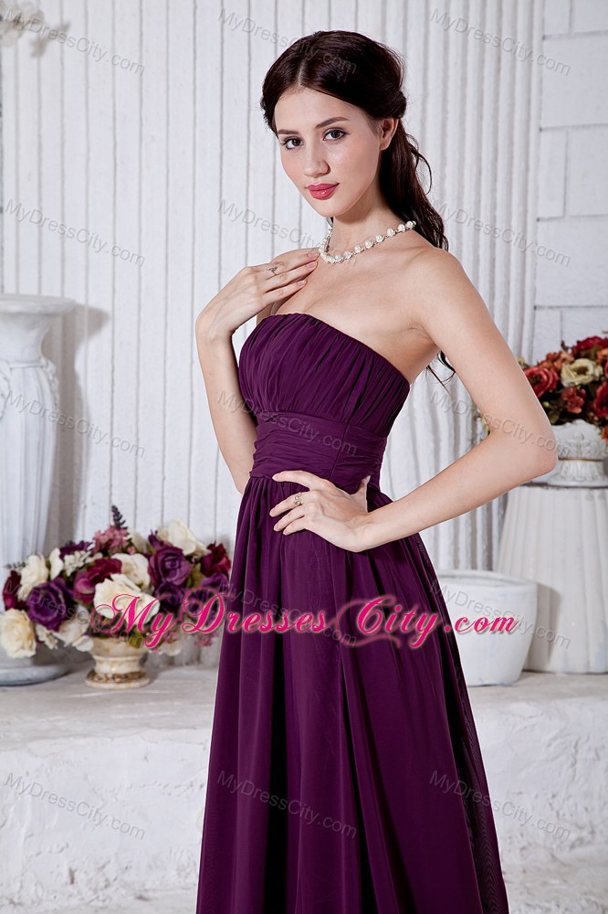 Chiffon Dark Purple Brush Train Empire Strapless Ruched Prom Dress