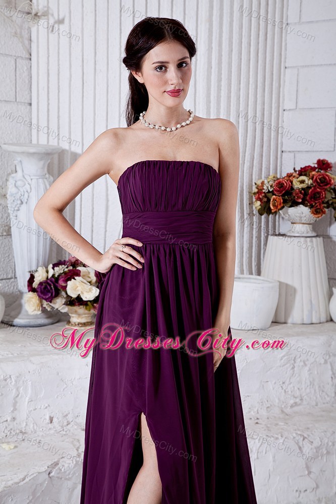 Chiffon Dark Purple Brush Train Empire Strapless Ruched Prom Dress