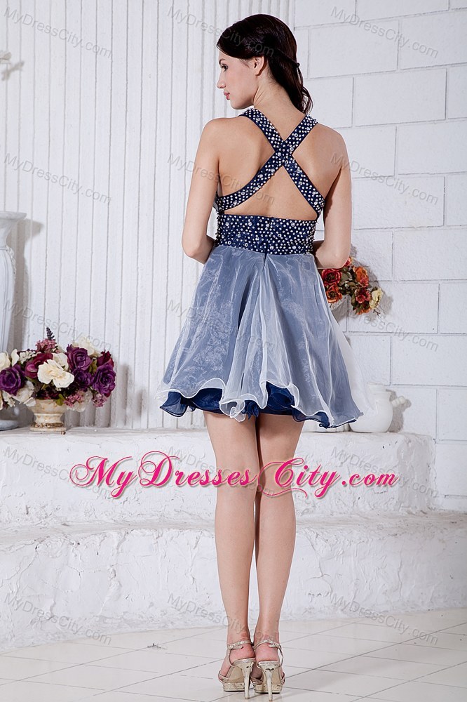 Blue and White A-line V-neck Mini-length Prom Dress with Beading