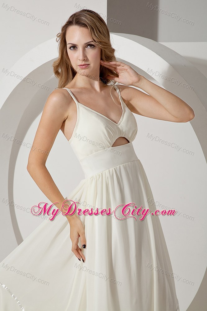 White Brush Train Empire Straps Prom Dress with Stomach Cutout